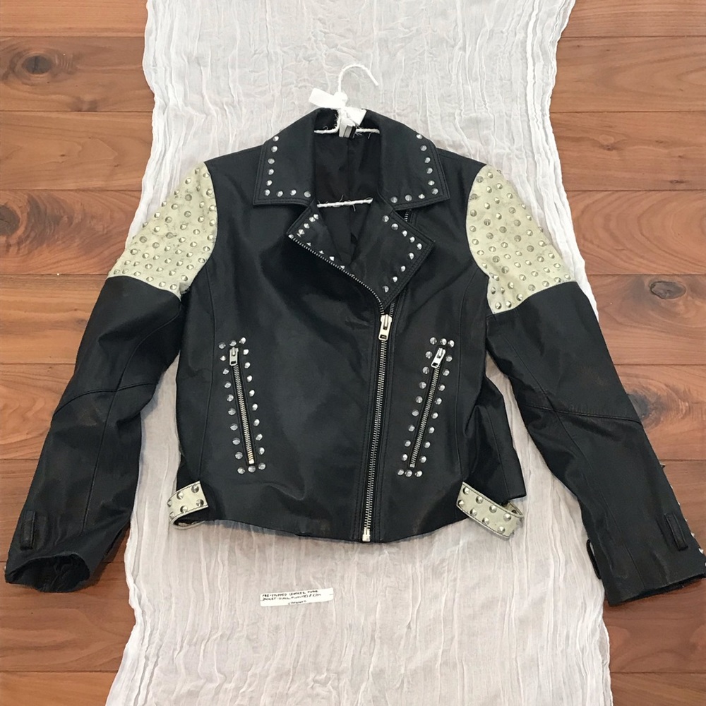 Women’s Pre-Studded & Distressed Painted *Real* Leather Moto Jacket Topshop
